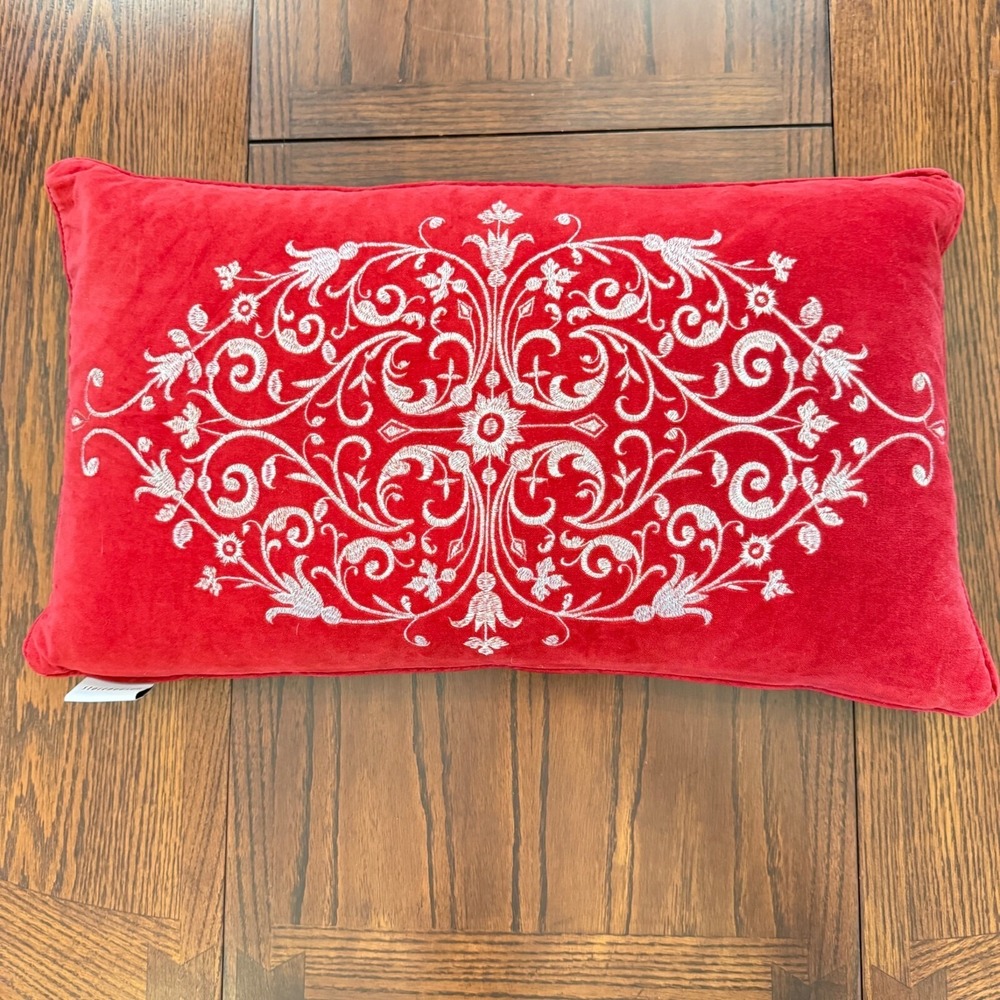Storehouse Red Velvet Lumbar Pillow Down Feather Silver Embroidered‎ Holiday